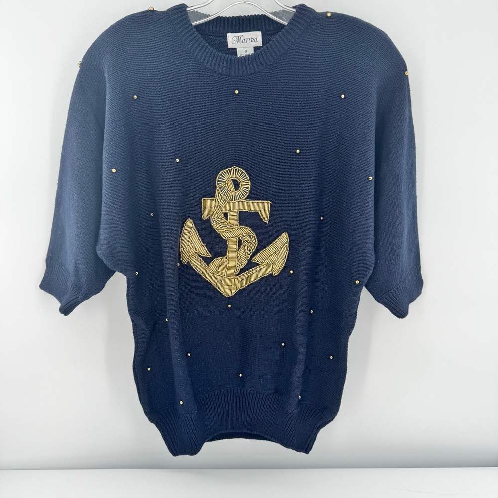 Marina Sweater Navy Blue Beaded Anchor‎ Nautical Knit Pullover Size M New